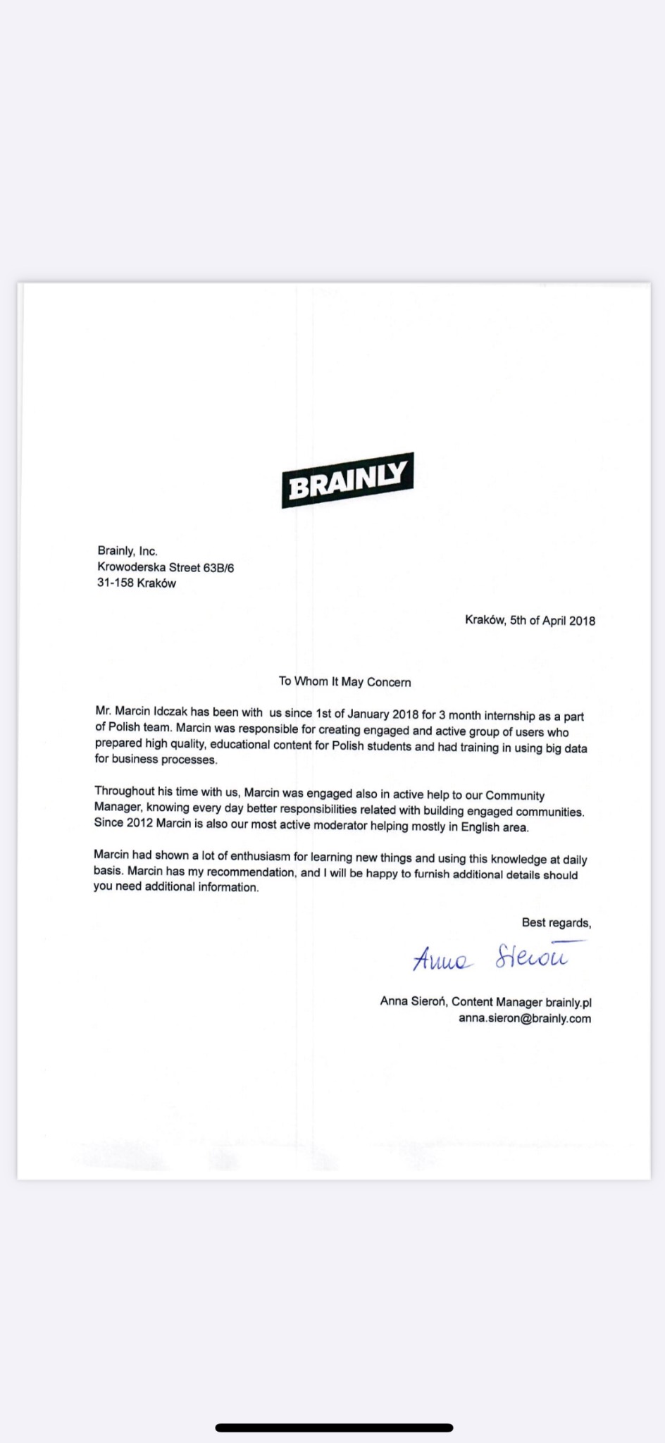 Skan listu referencyjnego od Brainly, Inc. z logo, datą 5 kwietnia 2018, adresem w Krakowie i podpisem Anny Sieroń, Content Manager, rekomendującego Marcina Idczaka za jego wkład w tworzenie treści...