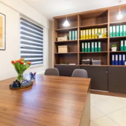 Biuro z drewnianym biurkiem, tulipanami w wazonie, oraz regałem wypełnionym segregatorami i dekoracjami, oświetlone lampą wiszącą.