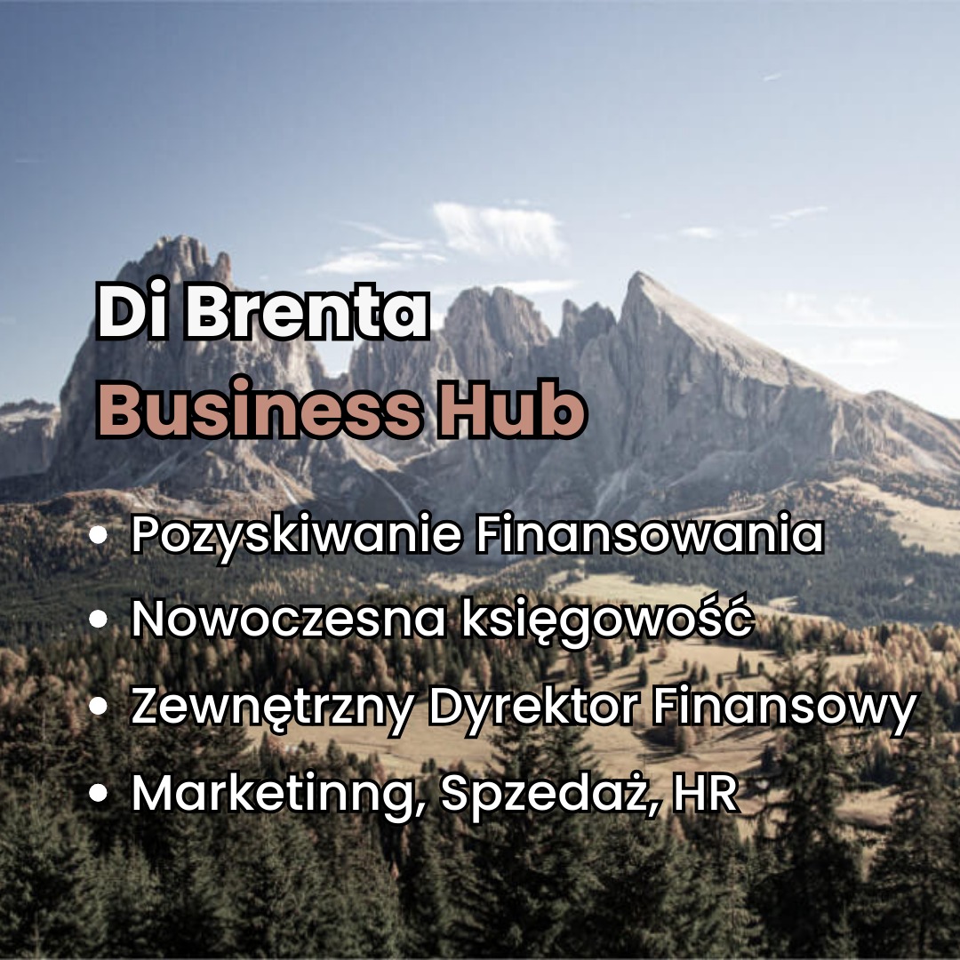 Grafika reklamowa firmy Di Brenta Business Hub z widokiem na górski krajobraz, oferującej pozyskiwanie finansowania, nowoczesną księgowość, usługi zewnętrznego dyrektora finansowego oraz wsparcie...