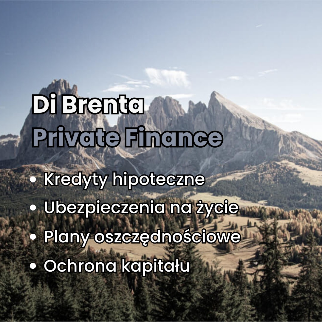 Krajobraz górski z lasem iglastym w tle, nałożony tekst 'Di Brenta Private Finance' oraz lista usług finansowych.