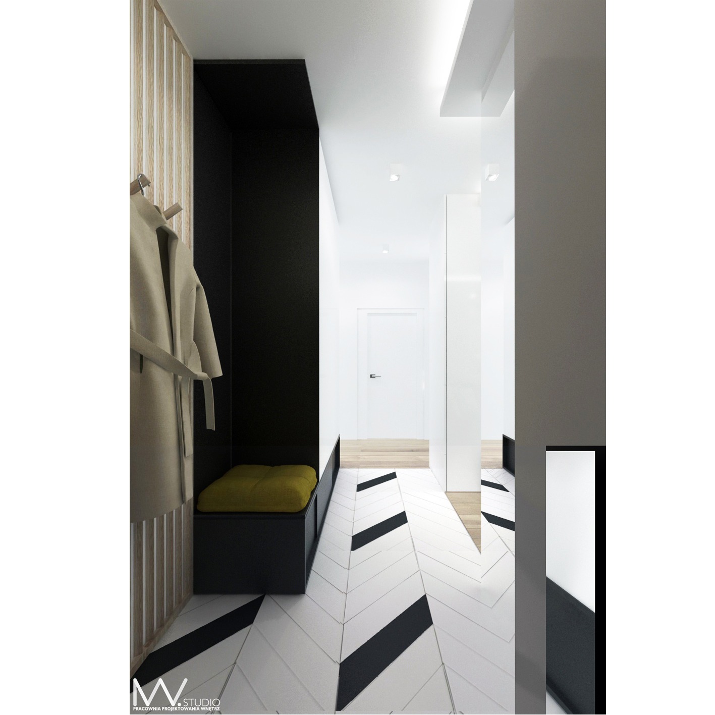 Nowoczesny przedpokój z czarno-białą podłogą w jodełkę, wnęką z siedziskiem i wieszakiem na płaszcz.