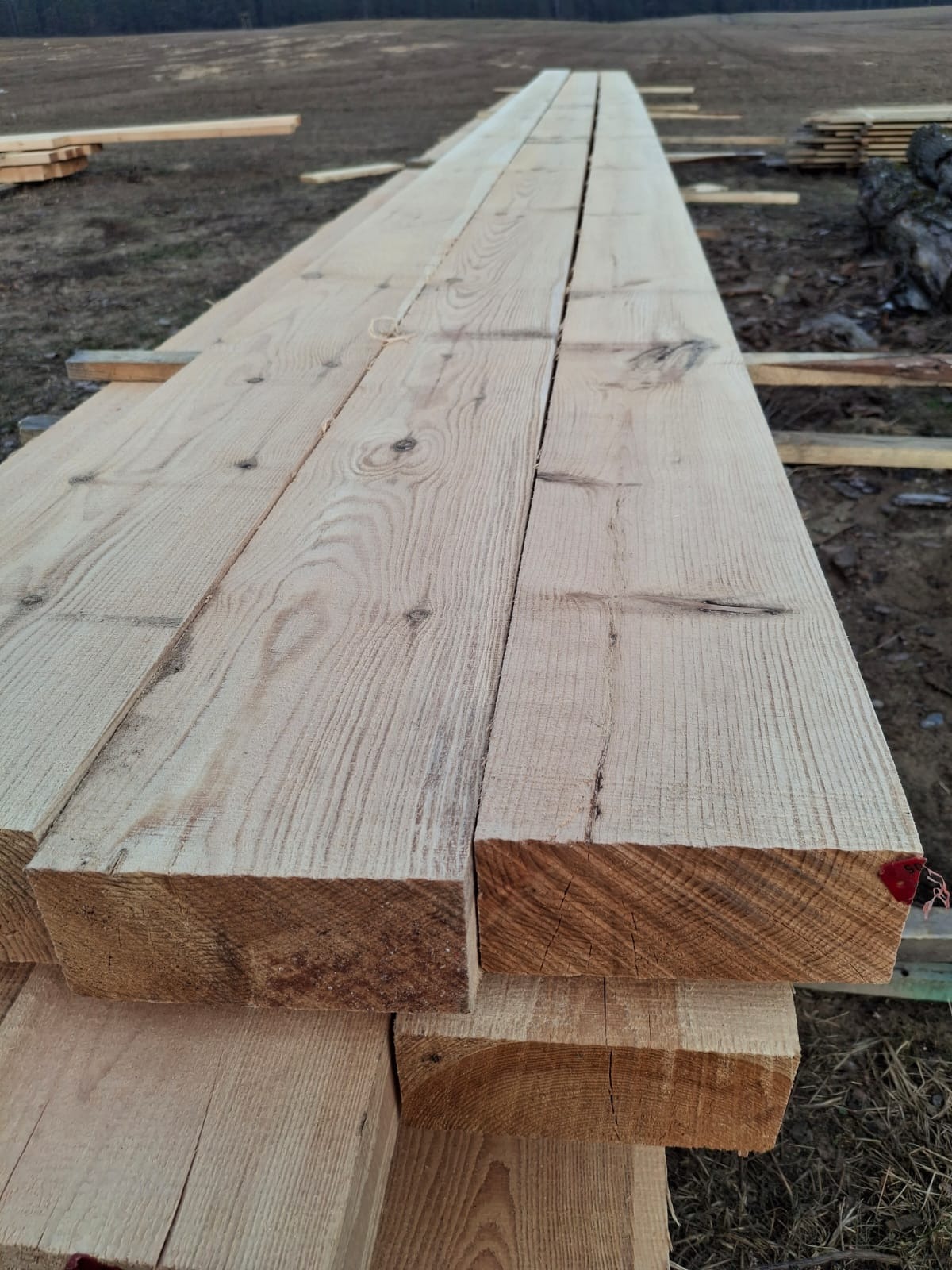 Stos świeżo przetartego drewna sosnowego ułożony na zewnątrz, widoczne słoje i naturalne przebarwienia.