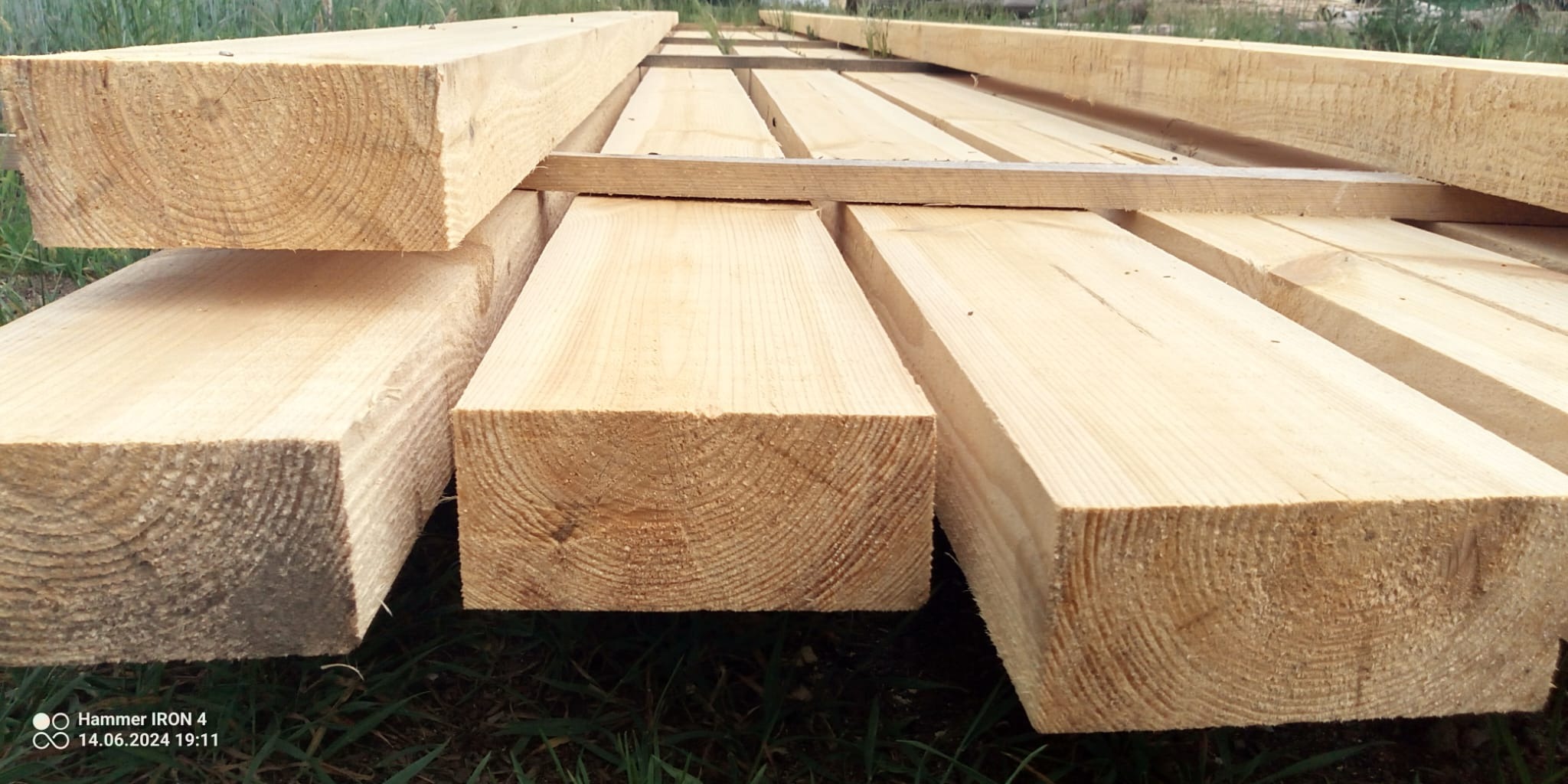Stos świeżo przetartego drewna budowlanego ułożonego na trawie, widoczne słoje drewna na przekroju belek.