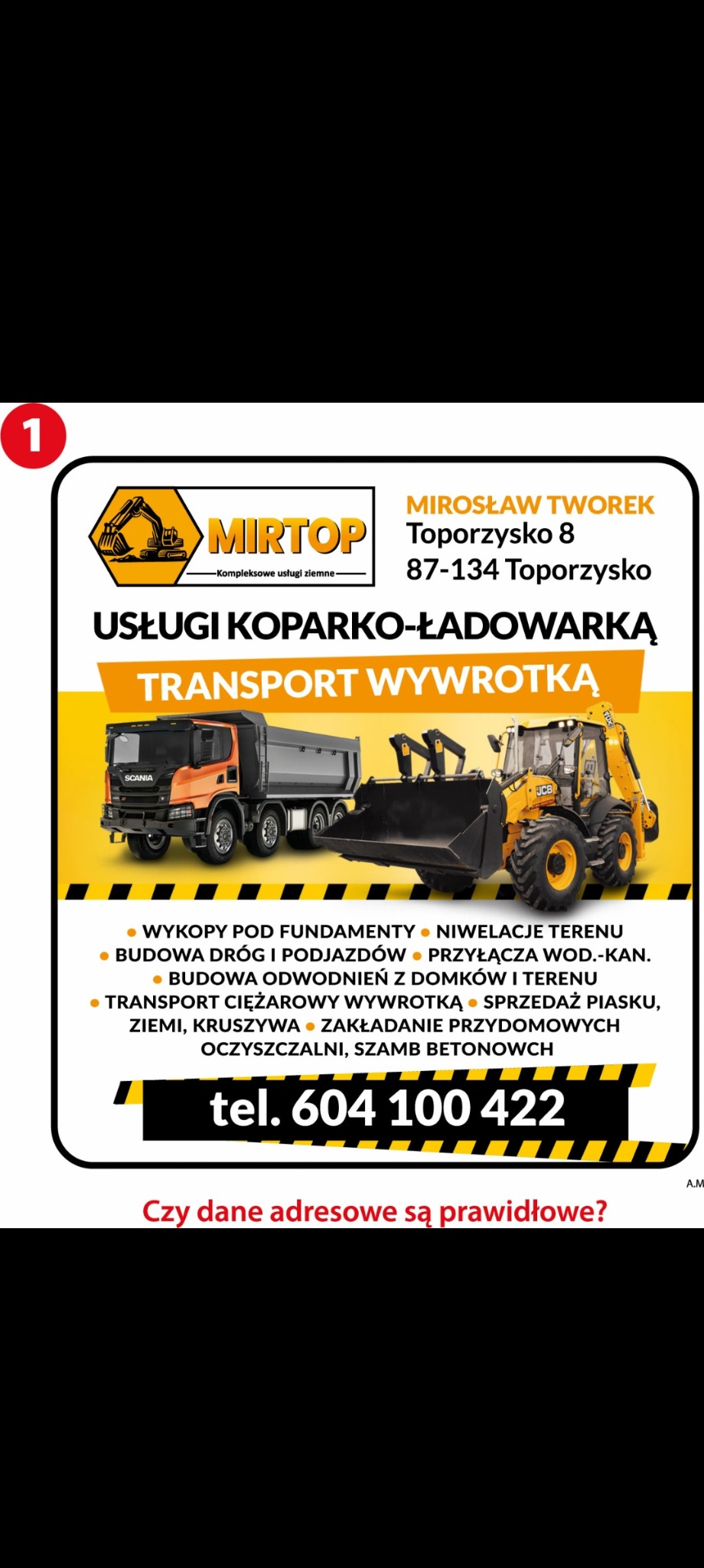 Usługi koparko-ładowarką i transport wywrotką firmy Mirtop. Wykopy pod fundamenty, niwelacje terenu, budowa dróg, przyłącza wod-kan, transport ciężarowy i inne.
