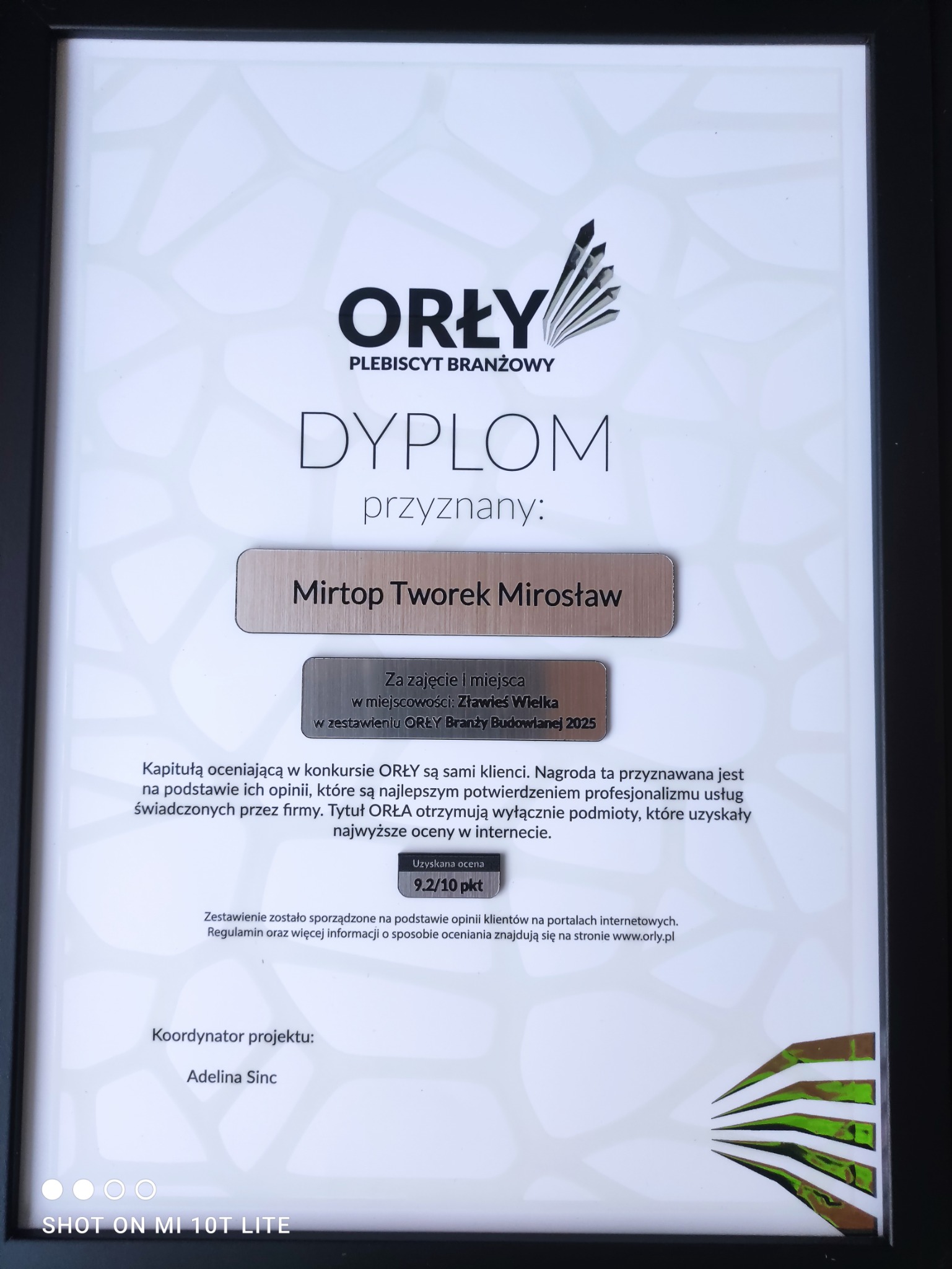 Dyplom 'Orły Plebiscyt Branżowy' dla Mirtop Tworek Mirosław za I miejsce w Zławieś Wielka w zestawieniu ORŁY Branży Budowlanej 2025, z oceną 9.2/10.