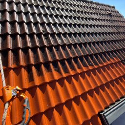 Paweł Palczyński - Częściowo oczyszczona dachówka ceramiczna w kolorze pomarańczowym, widoczny sprzęt asekuracyjny, zarys okna dachowego i czyste niebo.