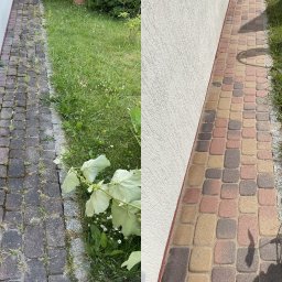 Paweł Palczyński - Porównanie kostki brukowej przed i po czyszczeniu: po lewej stronie zabrudzona, porośnięta mchem i chwastami, po prawej stronie czysta, z widocznym kolorem cegieł.