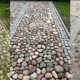 Paweł Palczyński - Porównanie stanu kostki brukowej przed i po czyszczeniu: zarośnięta trawą i mchem po lewej, wyczyszczona w środku, świeżo umyta po prawej, z widocznymi smugami wody.