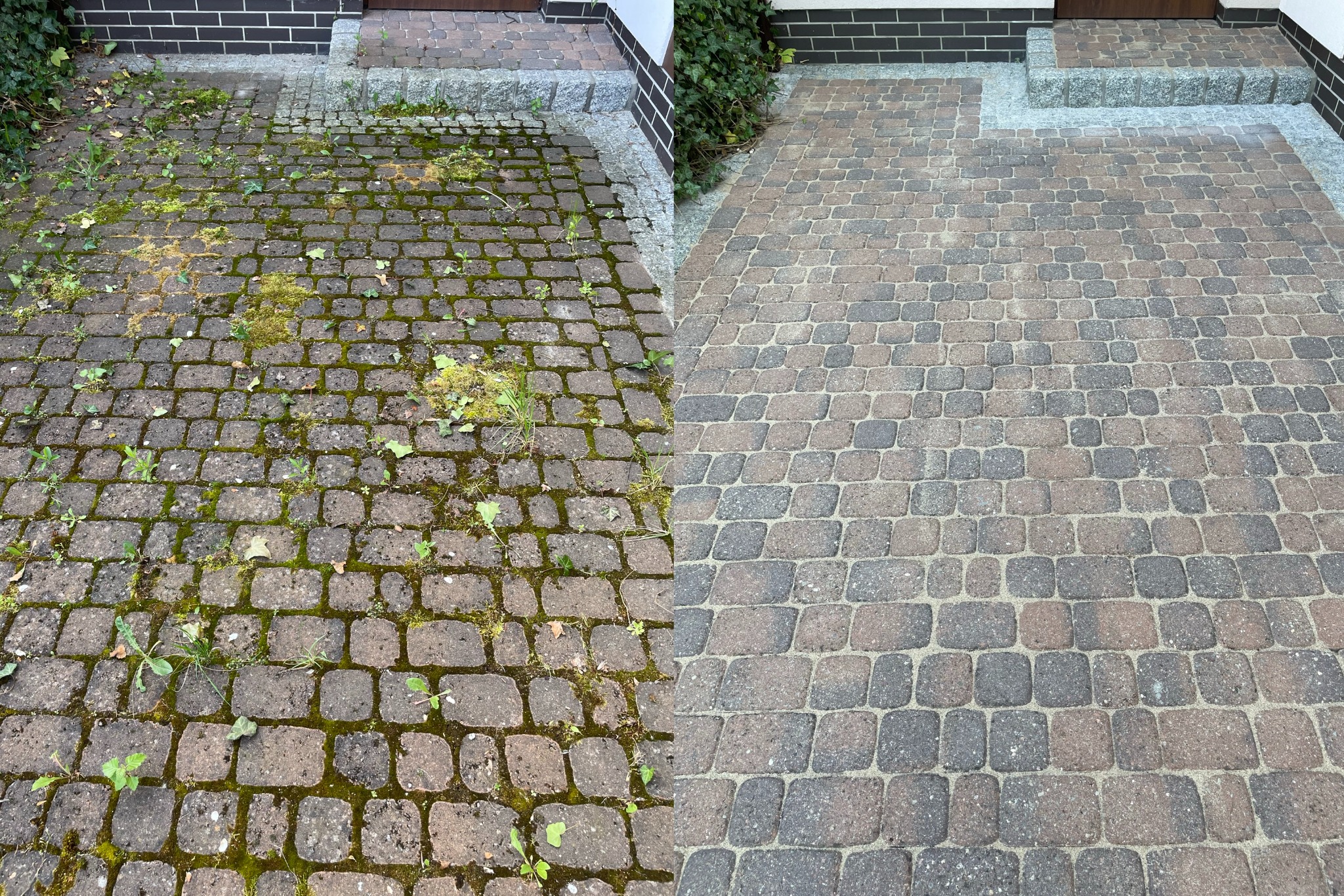 Porównanie kostki brukowej przed i po czyszczeniu: po lewej zaniedbana, porośnięta mchem i chwastami, po prawej czysta, z widoczną fakturą i kolorem kamienia.