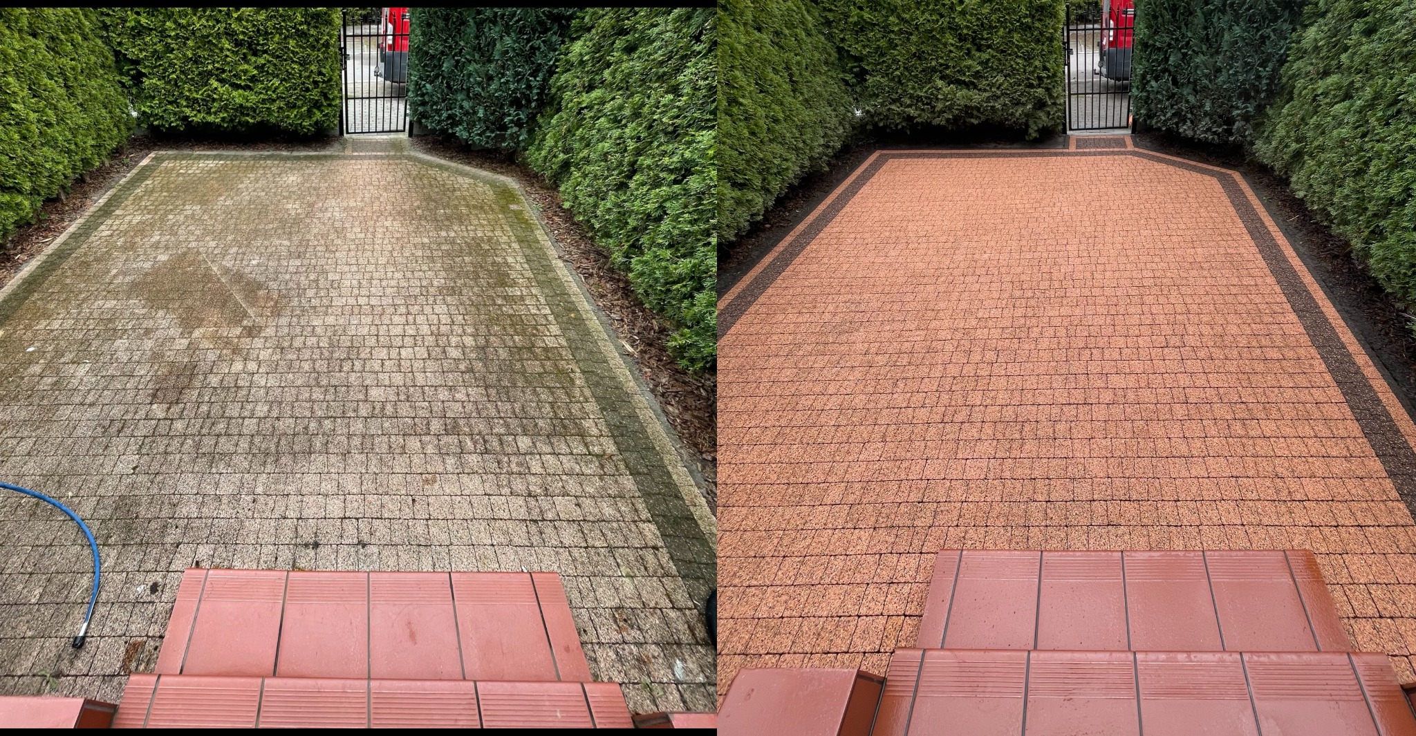 Porównanie kostki brukowej przed i po czyszczeniu: lewa strona z widocznym zabrudzeniem i mchem, prawa strona czysta, z intensywnym kolorem, widoczne schody wejściowe i zadbane tuje w tle.