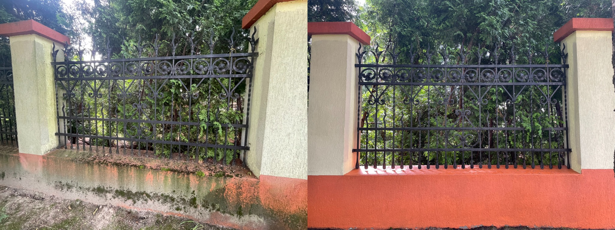 Porównanie stanu muru i metalowego ogrodzenia przed i po czyszczeniu. Po lewej stronie widoczne zabrudzenia i porosty, po prawej świeżo umyta powierzchnia w intensywnym pomarańczowym kolorze.