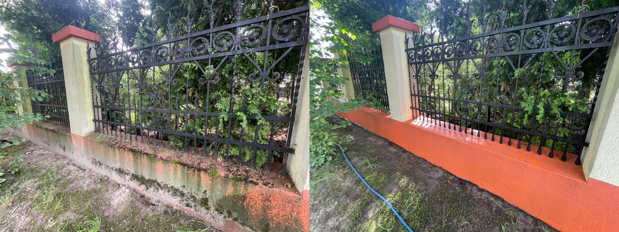 Odnowione ogrodzenie z kutego żelaza, widok przed i po malowaniu, z odświeżoną, pomarańczową podmurówką i jasnymi słupkami, na tle zieleni.