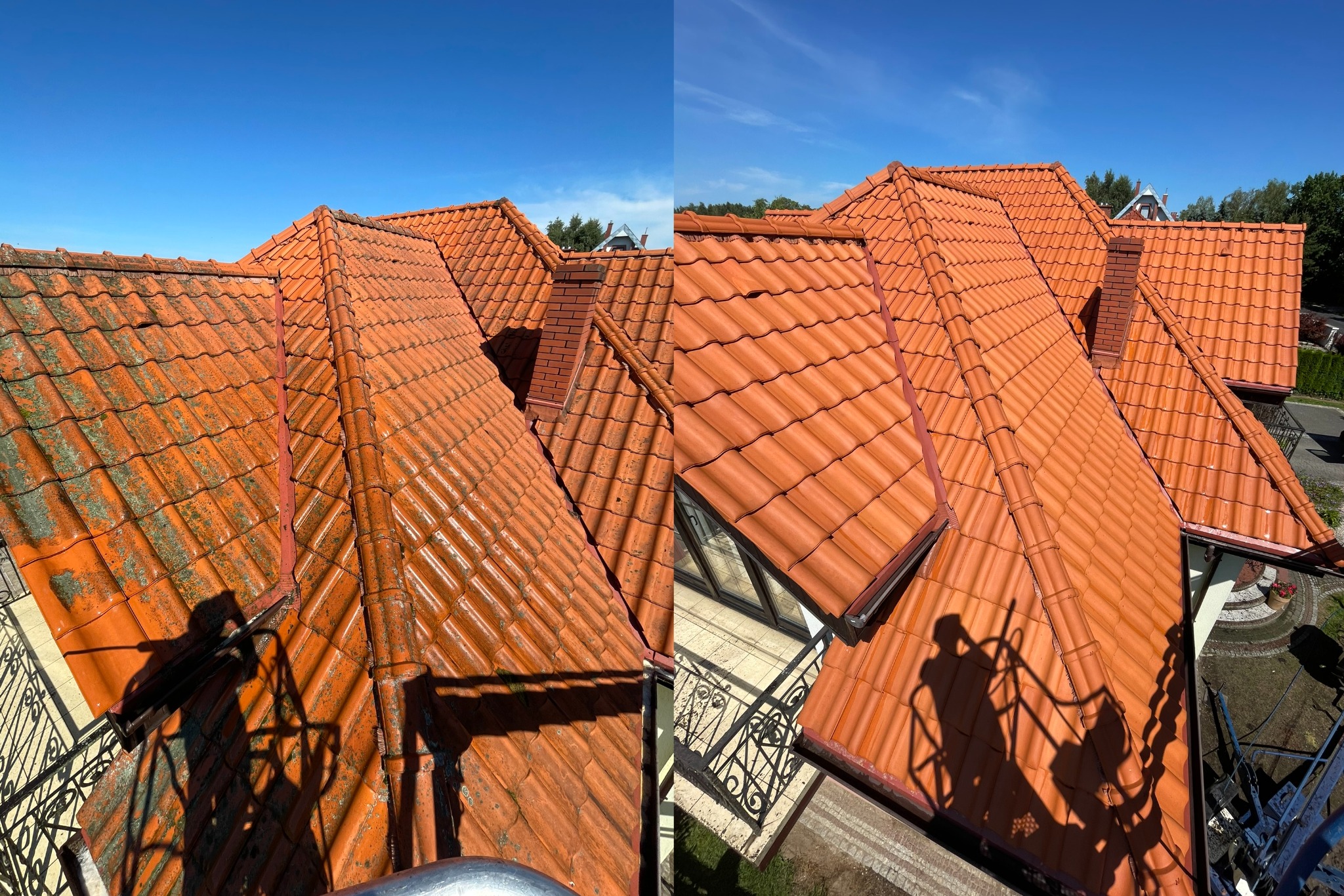 Porównanie dachu z czerwonej dachówki przed i po czyszczeniu, widoczne różnice w kolorze i usunięcie mchu, cień osoby wykonującej prace widoczny na dachu.