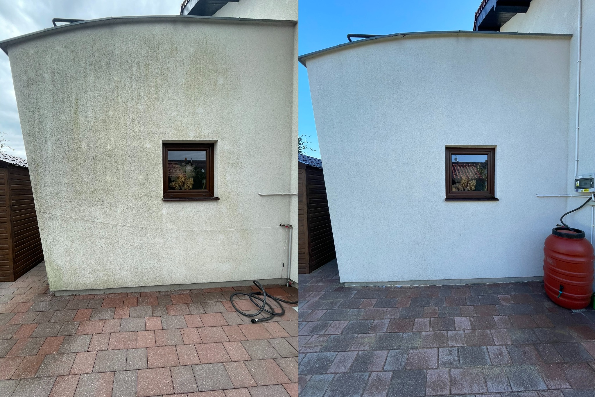 Porównanie elewacji budynku przed i po czyszczeniu, widoczne różnice w kolorze i czystości, z uwzględnieniem kostki brukowej i detali takich jak okno oraz zbiornik na deszczówkę.