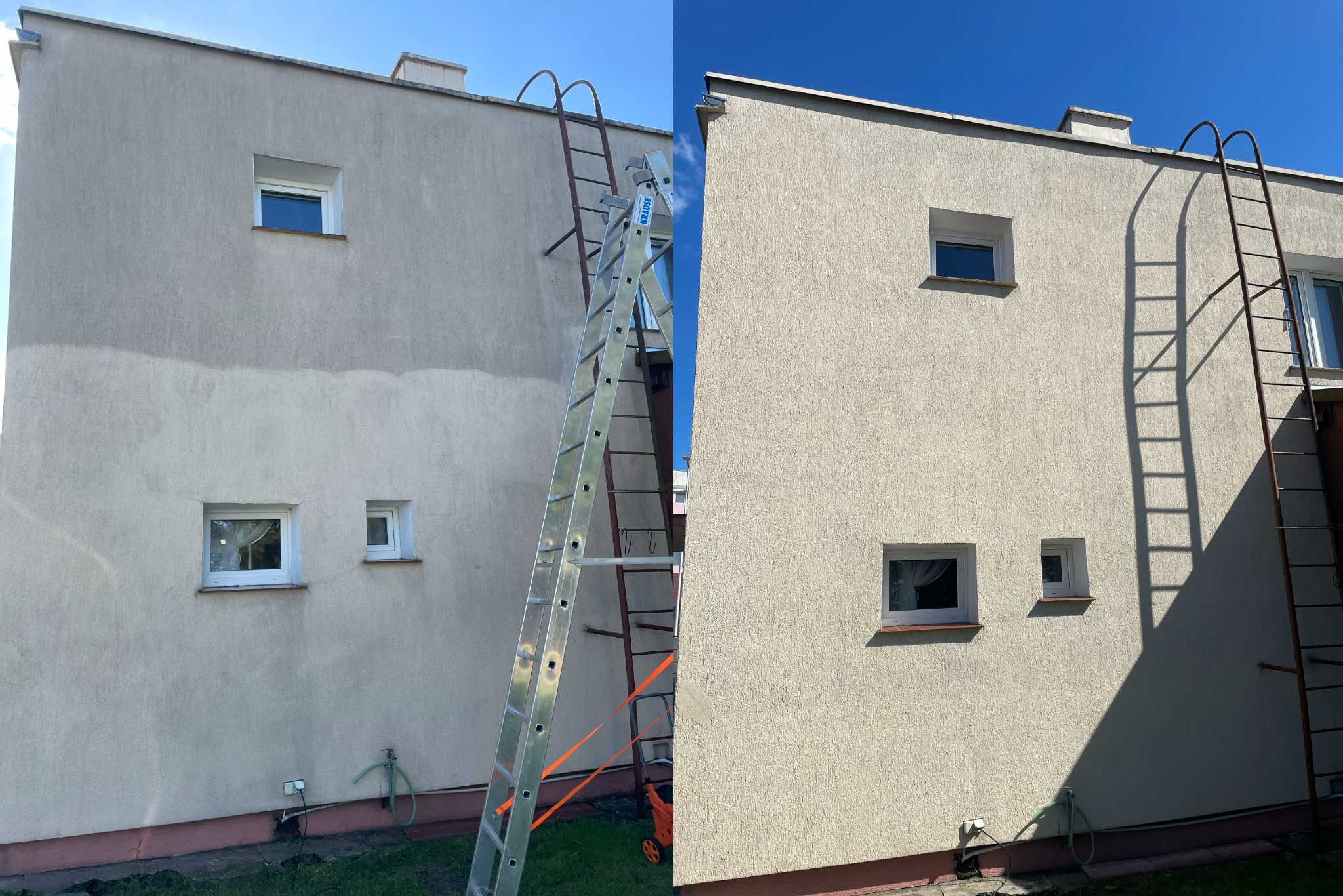 Mycie elewacji, którą klient próbował umyć na własną rękę - ostatecznie musieliśmy przyjechać z pomocą