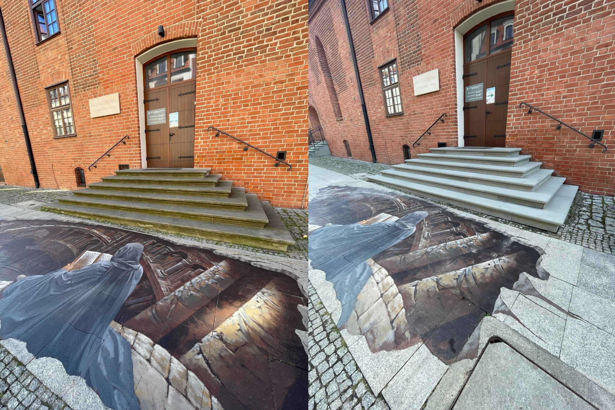 Iluzjonistyczny mural na kostce brukowej przed budynkiem z czerwonej cegły, przedstawiający postać w szacie czytającą księgę, tworzący wrażenie trójwymiarowej dziury w chodniku.