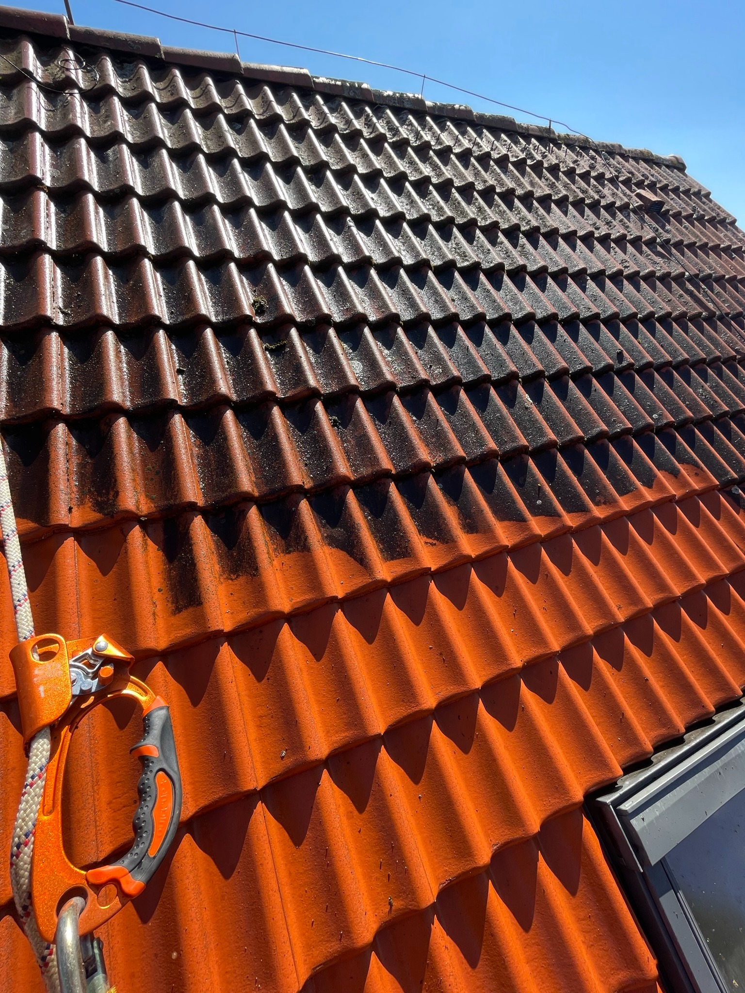 Częściowo oczyszczona dachówka ceramiczna w kolorze pomarańczowym, widoczny sprzęt asekuracyjny, zarys okna dachowego i czyste niebo.