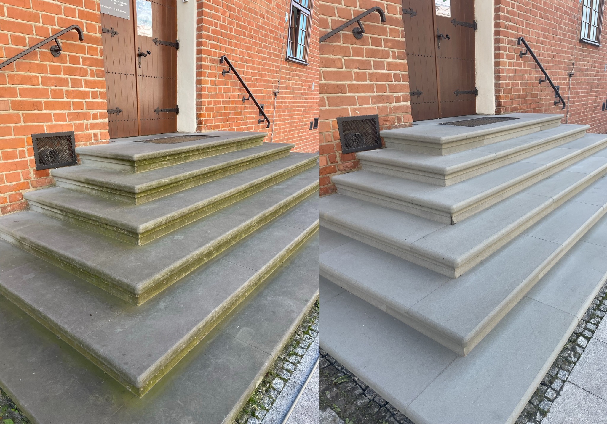 Porównanie stanu schodów przed i po czyszczeniu, widoczne różnice w kolorze i czystości kamienia, ceglana elewacja budynku w tle.