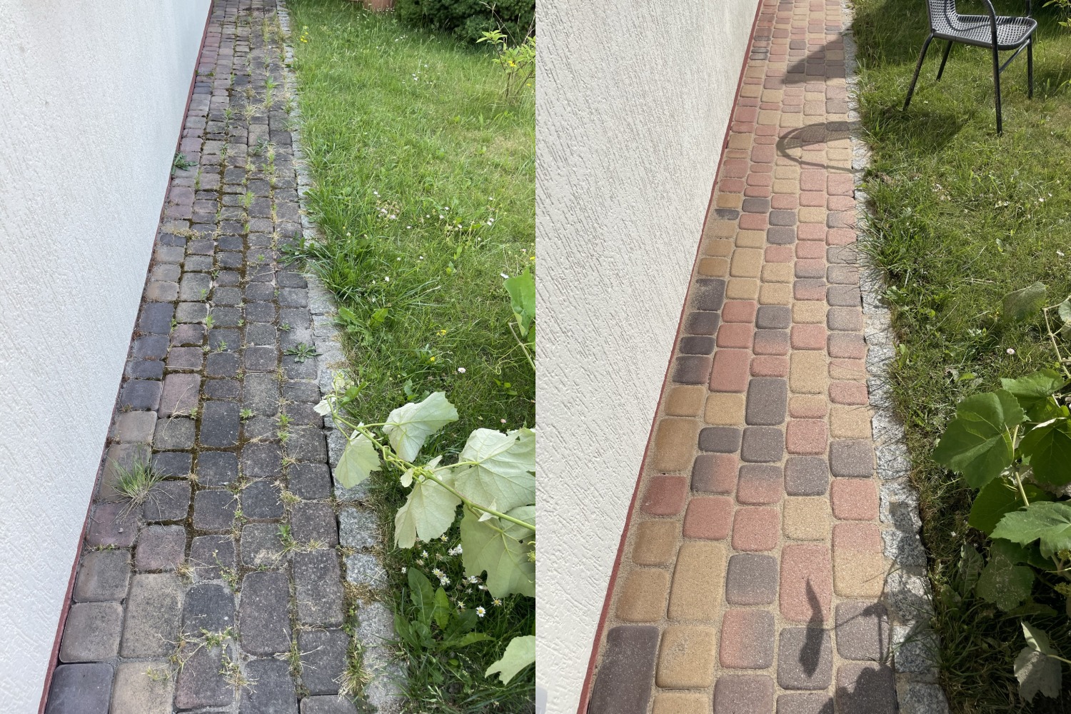 Porównanie kostki brukowej przed i po czyszczeniu: po lewej stronie zabrudzona, porośnięta mchem i chwastami, po prawej stronie czysta, z widocznym kolorem cegieł.