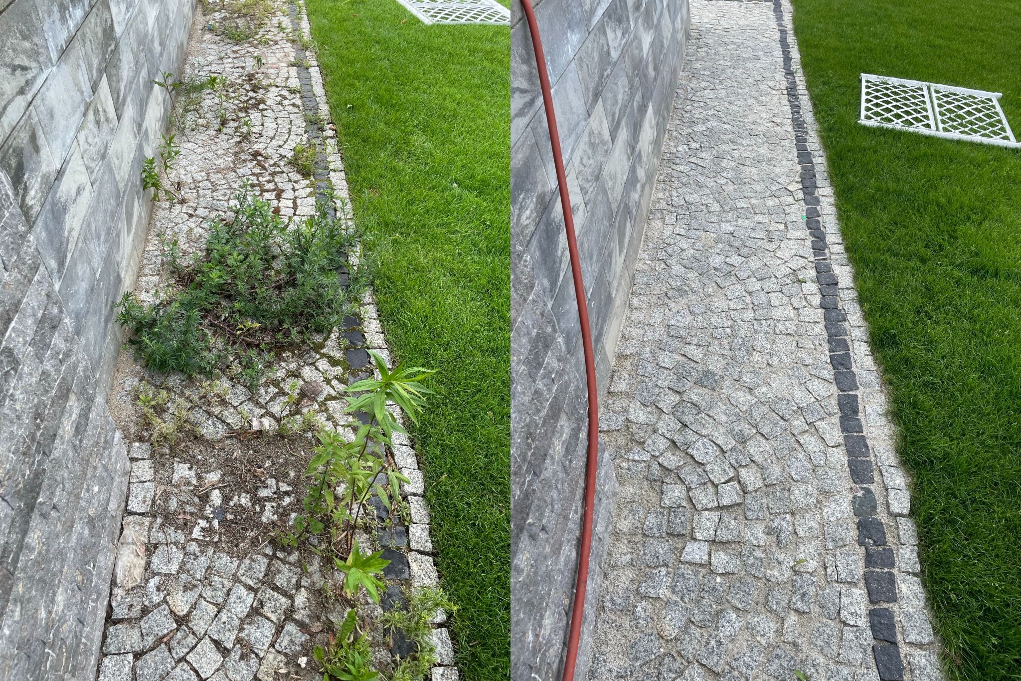 Porównanie stanu kostki brukowej przed i po czyszczeniu: po lewej stronie kostka porośnięta chwastami i zabrudzona, po prawej czysta i odświeżona, z widocznym wężem ogrodowym.