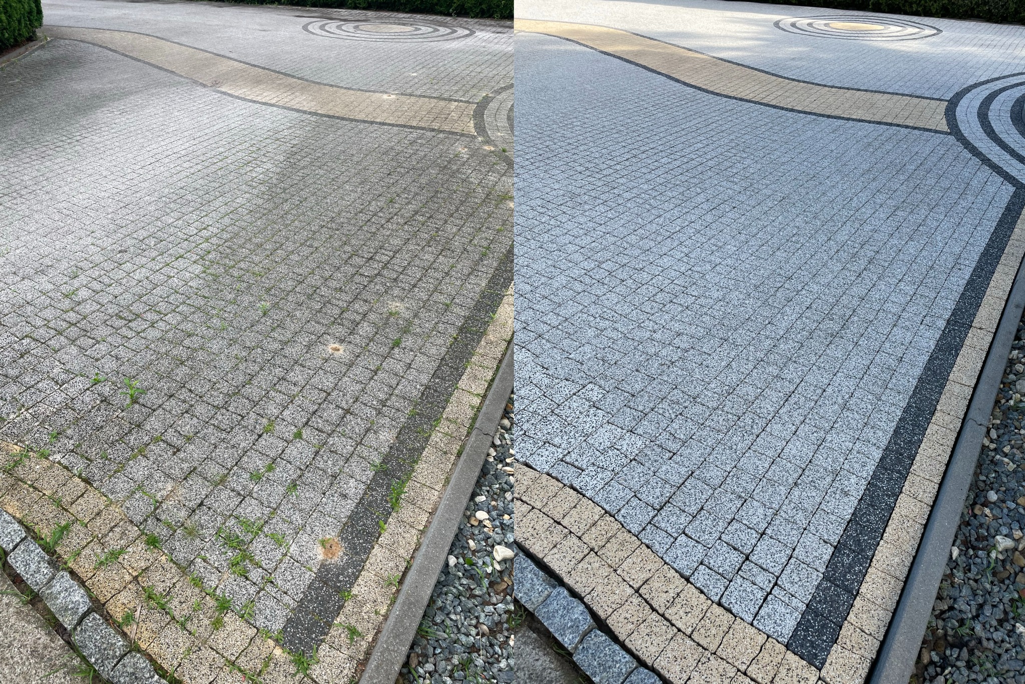 Porównanie kostki brukowej przed i po czyszczeniu: lewa strona pokryta mchem i zabrudzeniami, prawa strona czysta, ukazująca szary i beżowy wzór kostki.