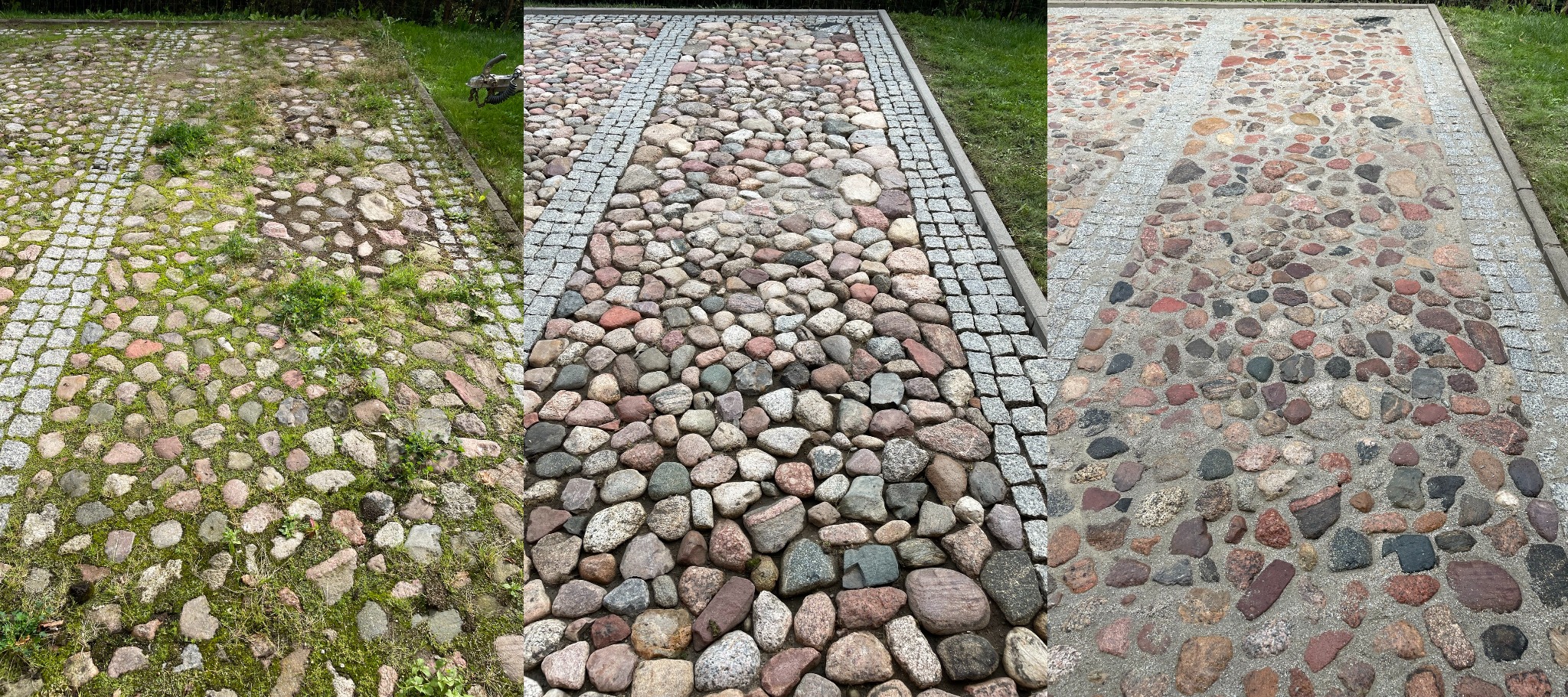 Porównanie stanu kostki brukowej przed i po czyszczeniu: zarośnięta trawą i mchem po lewej, wyczyszczona w środku, świeżo umyta po prawej, z widocznymi smugami wody.
