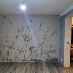 RDK. Serwis - Pokój po odświeżeniu ścian z dekoracyjną strukturą i geometrycznymi liniami, widoczny fragment drabiny malarskiej i otwarte przejście do salonu z ceglaną ścianą i psem leżącym na podłodze.