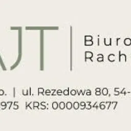 Logo firmy GAJT Biuro Rachunkowe z adresem ul. Rezedowa 80, Wrocław, numerami NIP i KRS na beżowym tle.
