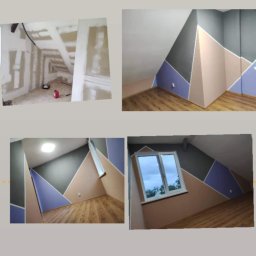 WRO IVESTALL - Cztery ujęcia poddasza: jedno z prac wykończeniowych płytami gipsowo-kartonowymi, trzy z pomalowanymi ścianami w geometryczne wzory w odcieniach szarości, beżu i fioletu, z drewnianą podłogą.