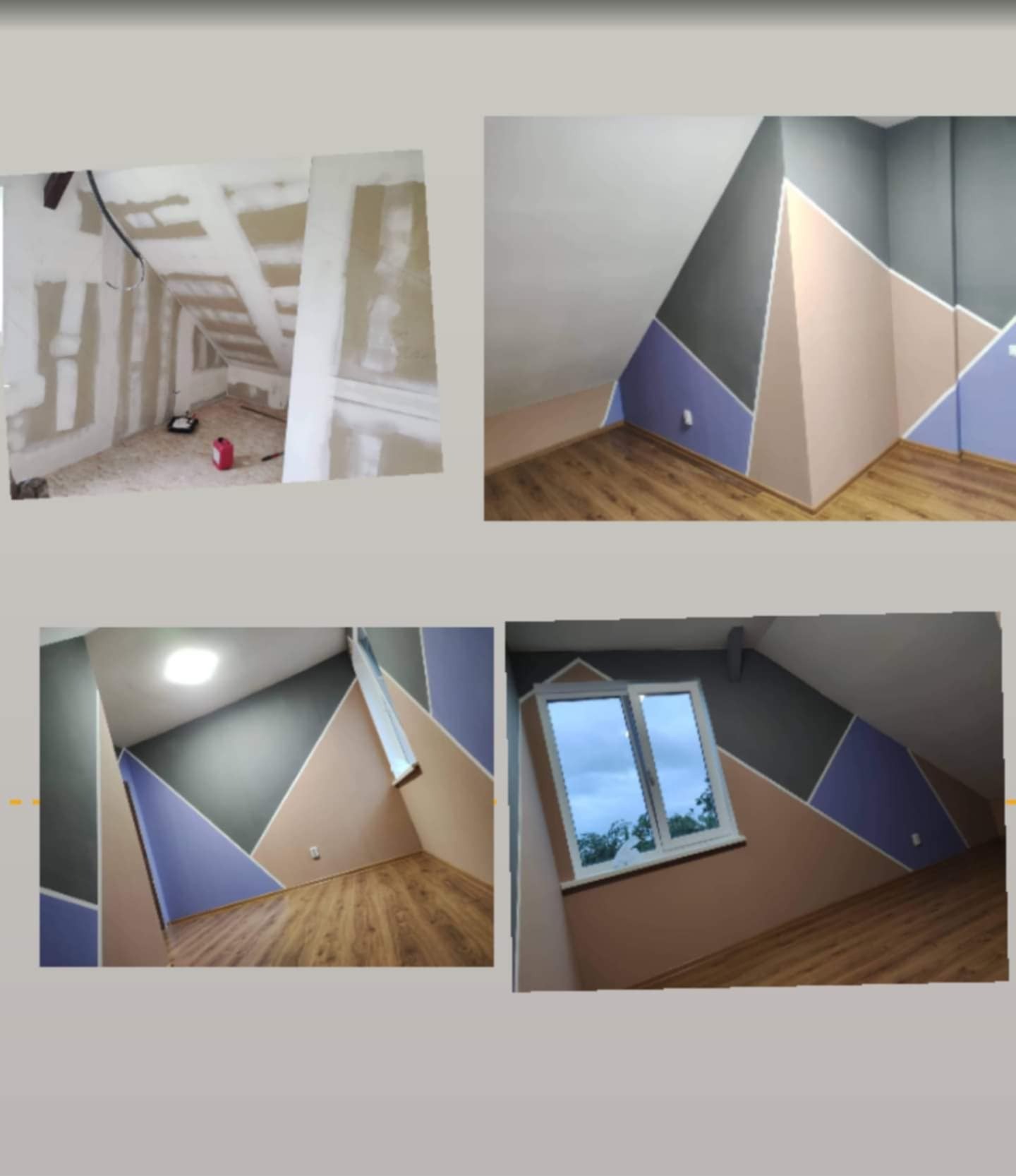 Cztery ujęcia poddasza: jedno z prac wykończeniowych płytami gipsowo-kartonowymi, trzy z pomalowanymi ścianami w geometryczne wzory w odcieniach szarości, beżu i fioletu, z drewnianą podłogą.