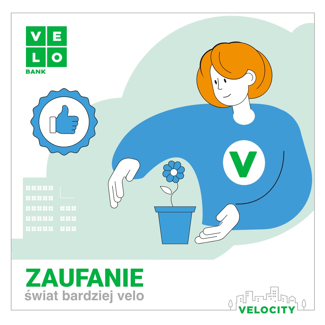 Ilustracja: Kobieta z rudymi włosami w niebieskiej bluzce z zielonym 'V' podlewa niebieskiego kwiatka w niebieskiej doniczce. W tle logo banku, budynki i napis 'Zaufanie świat bardziej velo'.