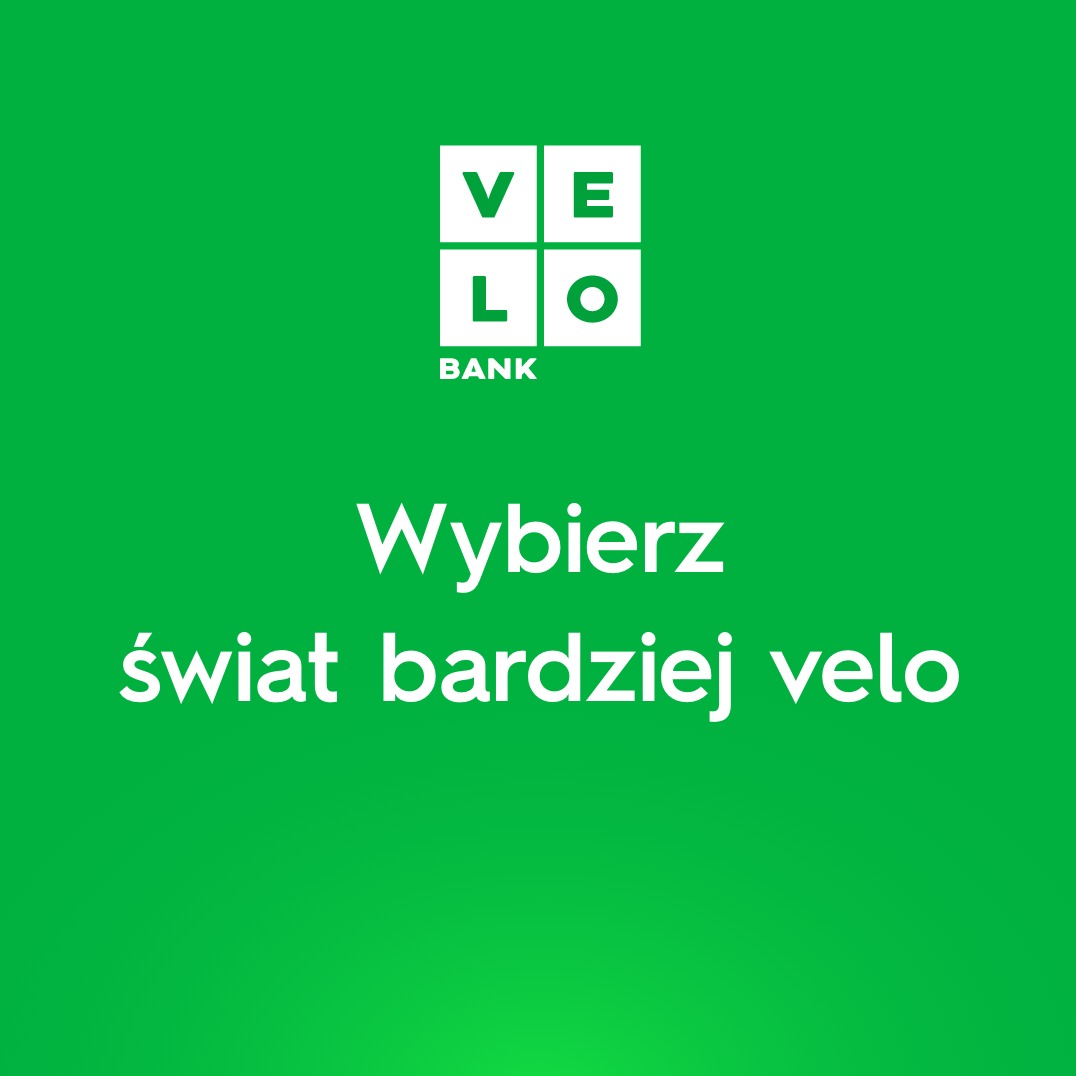 Logo VeloBank na zielonym tle z hasłem 'Wybierz świat bardziej velo'.