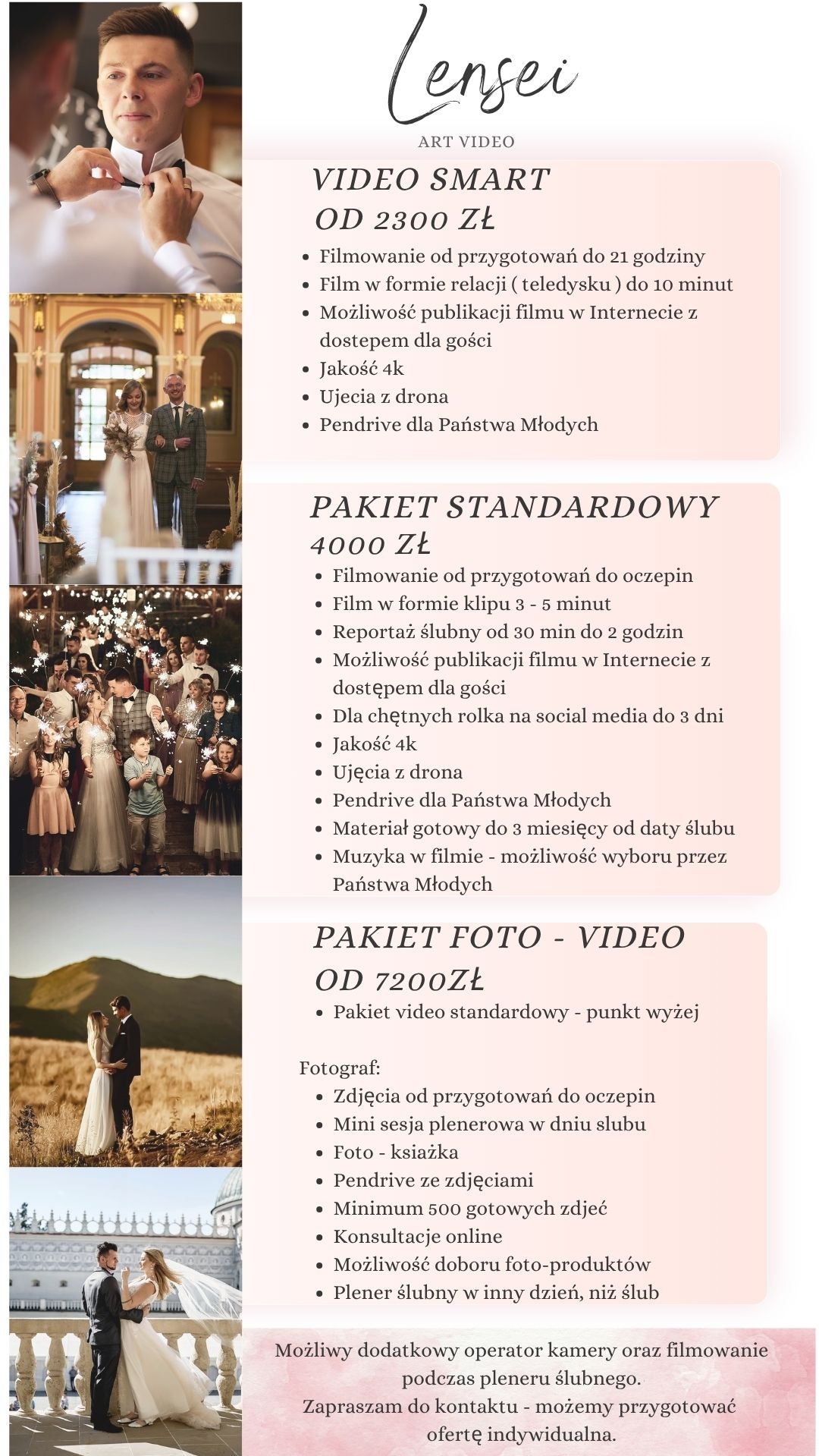 Kolaż zdjęć ślubnych z ofertą pakietów foto-video: przygotowania, ceremonia, plener. Ceny od 2300 zł. Usługi: filmowanie, zdjęcia, foto-książka, plener ślubny.