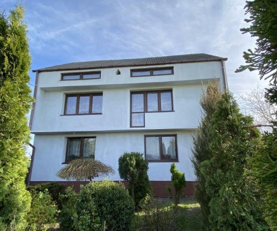 Dwupiętrowy dom z białymi ścianami po renowacji, widoczny z poziomu ogrodu z iglakami, z brązowymi ramami okiennymi i ciemnym dachem. Widoczne niedoskonałości w strukturze tynku.