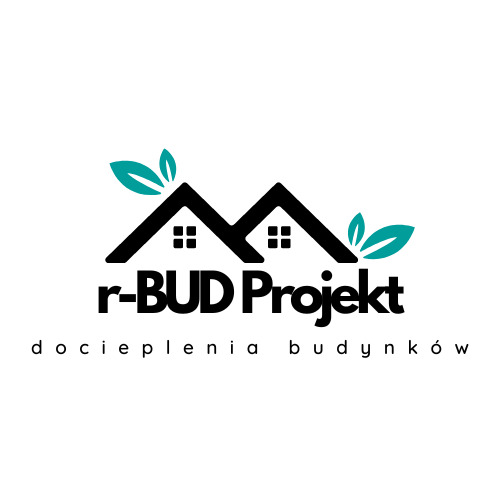 Logo firmy r-BUD Projekt z motywem dwóch domów z liśćmi, specjalizującej się w dociepleniach budynków.