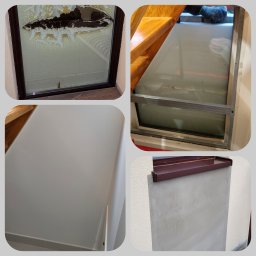 MS Michał Sikorski - Cztery kadry prezentują demontaż starego okna, usunięcie stopionego styropianu, zabudowę z ociepleniem od wewnątrz i zewnątrz oraz wykończenie ściany z pomalowaną powierzchnią.