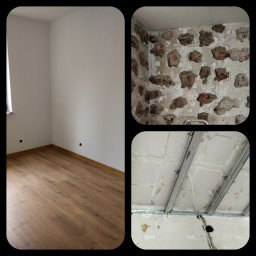 MS Michał Sikorski - Pokój w trakcie remontu: widok na świeżo położone panele podłogowe, fragment ściany z miejscowymi ubytkami tynku odsłaniającymi cegłę oraz fragment sufitu z zamontowaną konstrukcją podwieszaną...