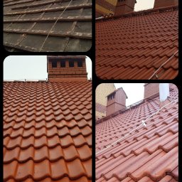 MS Michał Sikorski - Mozaika zdjęć przedstawiająca etapy renowacji dachu: demontaż starej dachówki i łat, przygotowanie konstrukcji, montaż nowej dachówki w kolorze ceglastym, widoczne kominy.