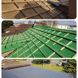 MS Michał Sikorski - Fotografia przedstawia trzy etapy wymiany pokrycia dachowego: rozebrana konstrukcja z widocznym poszyciem, ułożona membrana dachowa z drewnianymi łatami oraz częściowo położona nowa dachówka...