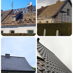 MS Michał Sikorski - Cztery kadry przedstawiające etapy wymiany pokrycia dachowego: usunięta stara dachówka z widoczną konstrukcją, częściowo ułożona nowa dachówka, rusztowanie, oraz finalny efekt z nową, ciemną...