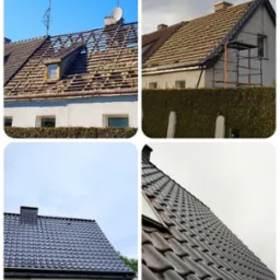 Cztery kadry przedstawiające etapy wymiany pokrycia dachowego: usunięta stara dachówka z widoczną konstrukcją, częściowo ułożona nowa dachówka, rusztowanie, oraz finalny efekt z nową, ciemną...
