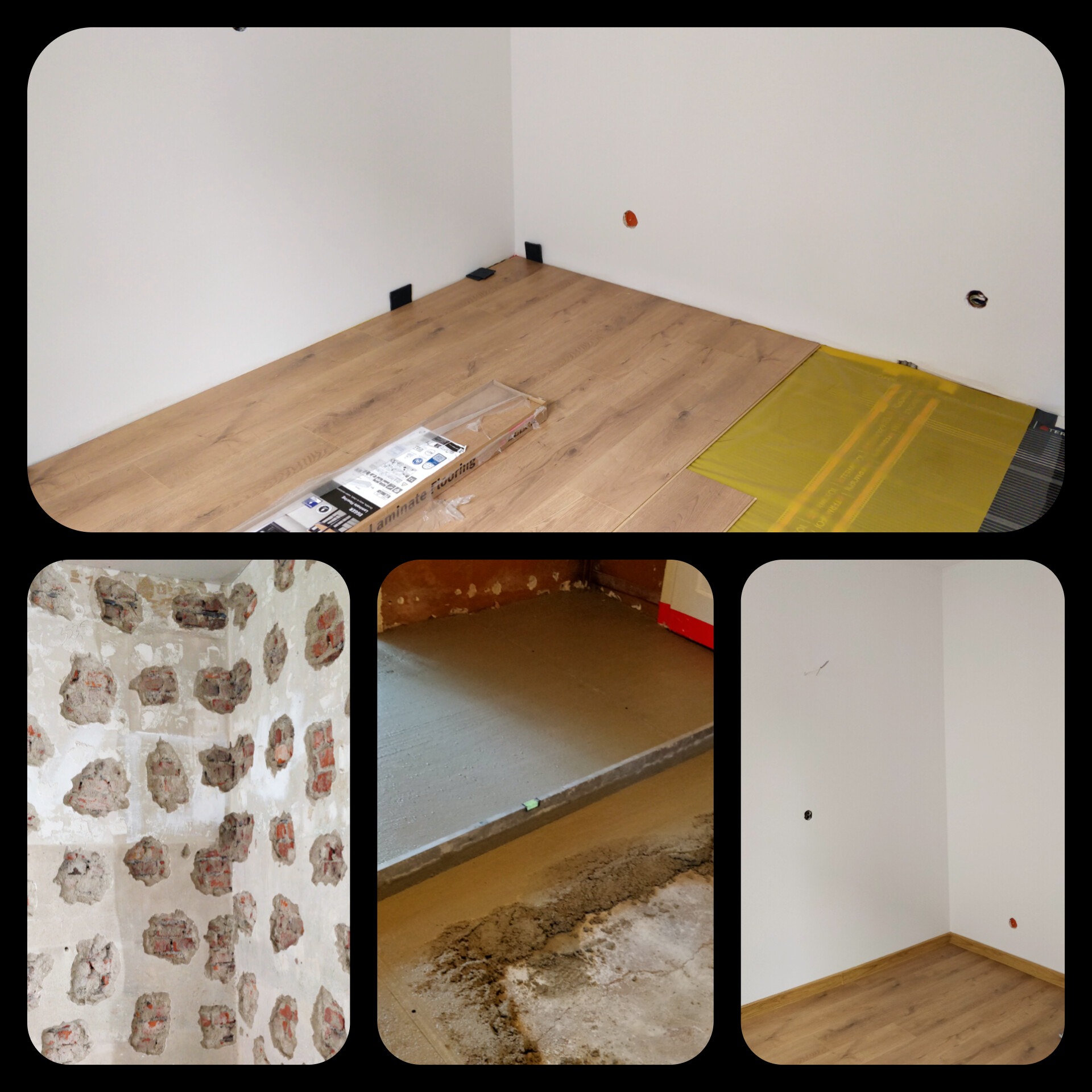 Etapy remontu pokoju: fragment ściany z odsłoniętą cegłą, wylewka betonowa oraz ułożone panele podłogowe z listwami przypodłogowymi, widoczna paczka paneli.