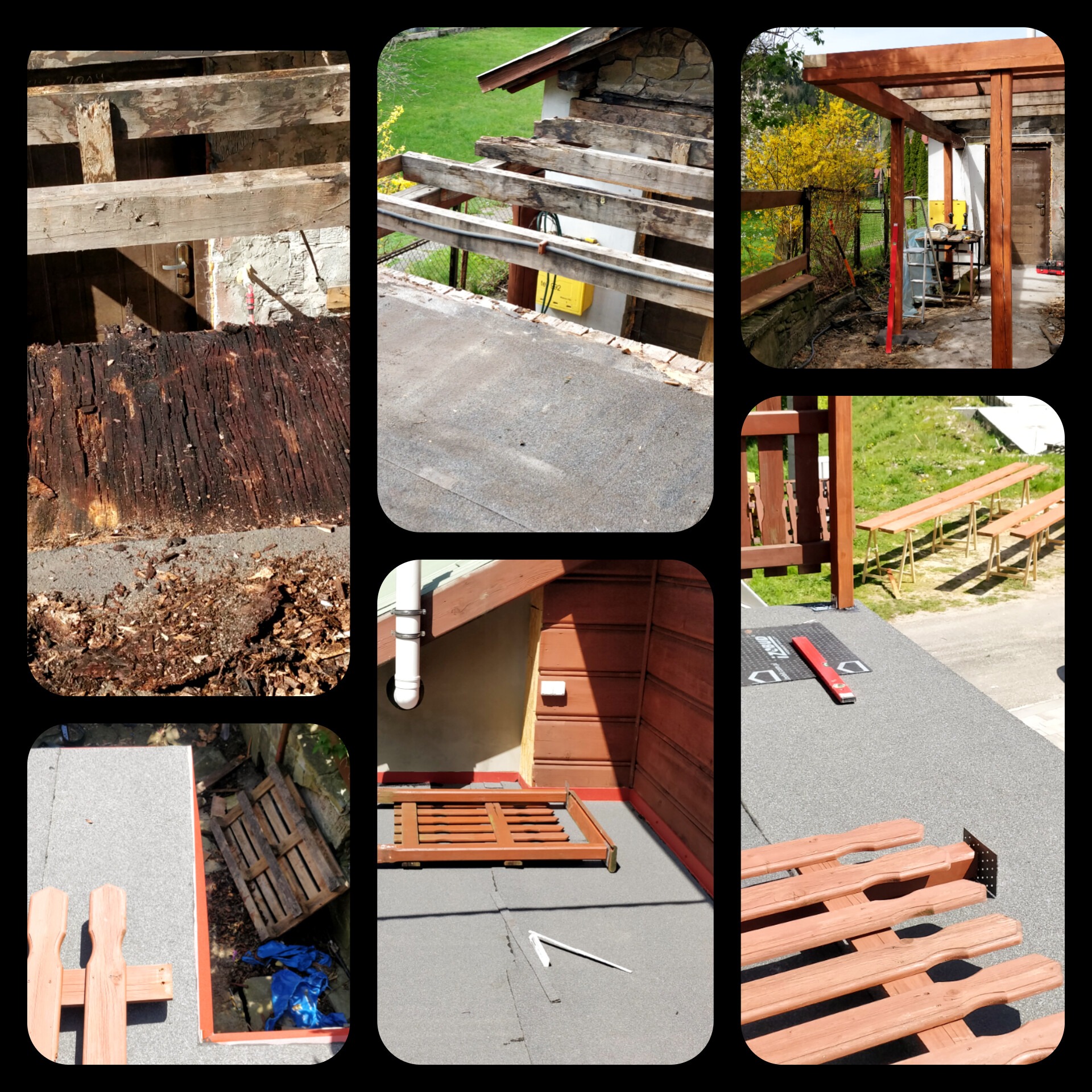 Kompozycja zdjęć przedstawiająca etapy renowacji tarasu: zniszczone drewno, elementy konstrukcyjne, zabezpieczenie papą, odmalowane deski i montaż nowych okuć.
