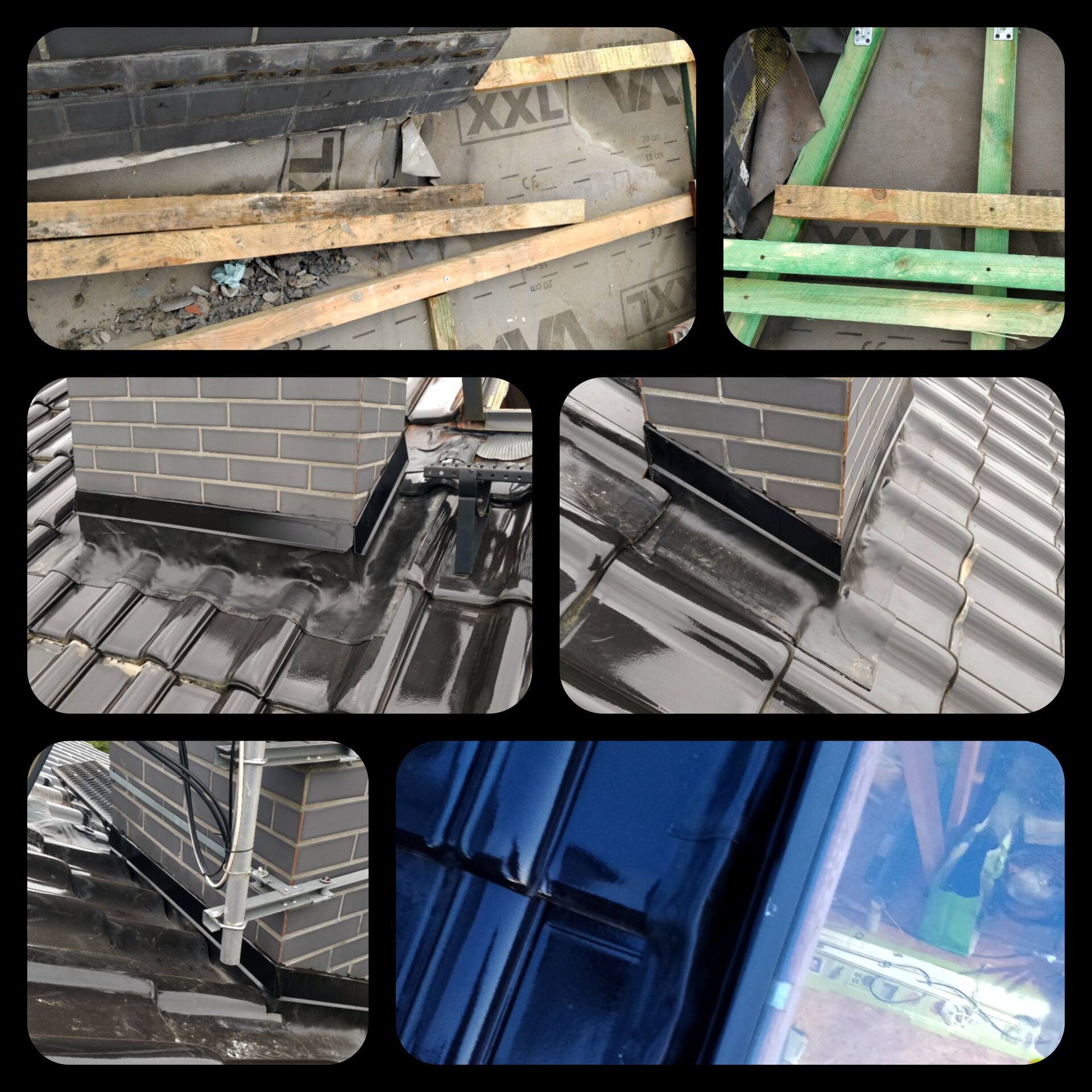 Szczegółowe ujęcie dachu z kominem obłożonym szarą cegłą, z nową obróbką blacharską i uszczelnieniem wakaflex, widoczne również elementy konstrukcji dachu i wyłazu dachowego.