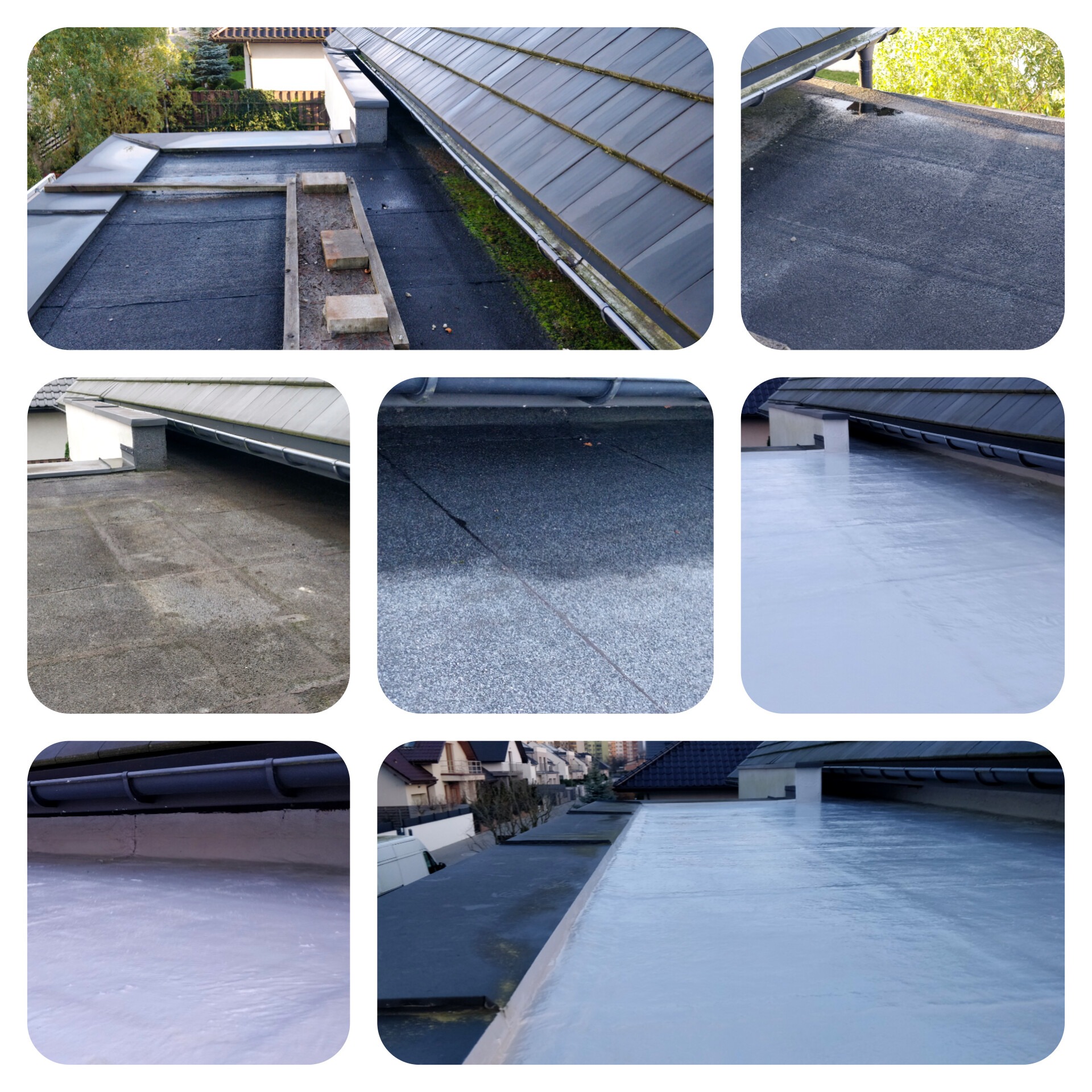 Mozaika zdjęć przedstawiających etapy renowacji dachu płaskiego: usunięcie mchu, czyszczenie, hydroizolacja membraną. Widoczne fragmenty dachu pokryte membraną hydroizolacyjną Canada Rubber Flex...