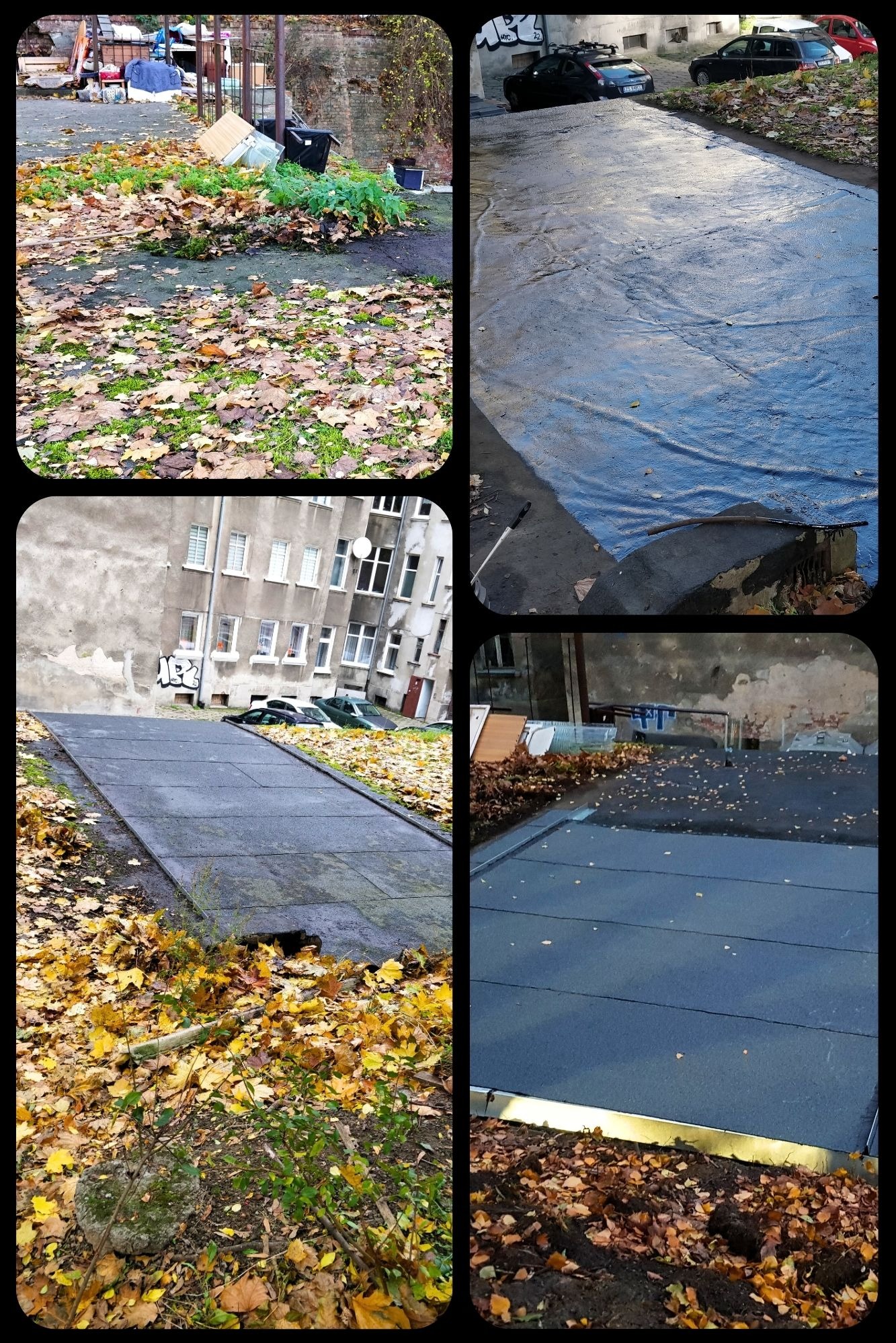 Kompozycja zdjęć przedstawiających etapy prac na dachu garażu: przygotowanie podłoża, zabezpieczenie folią, widok dachu pokrytego papą termozgrzewalną z obróbkami blacharskimi, jesienne liście...