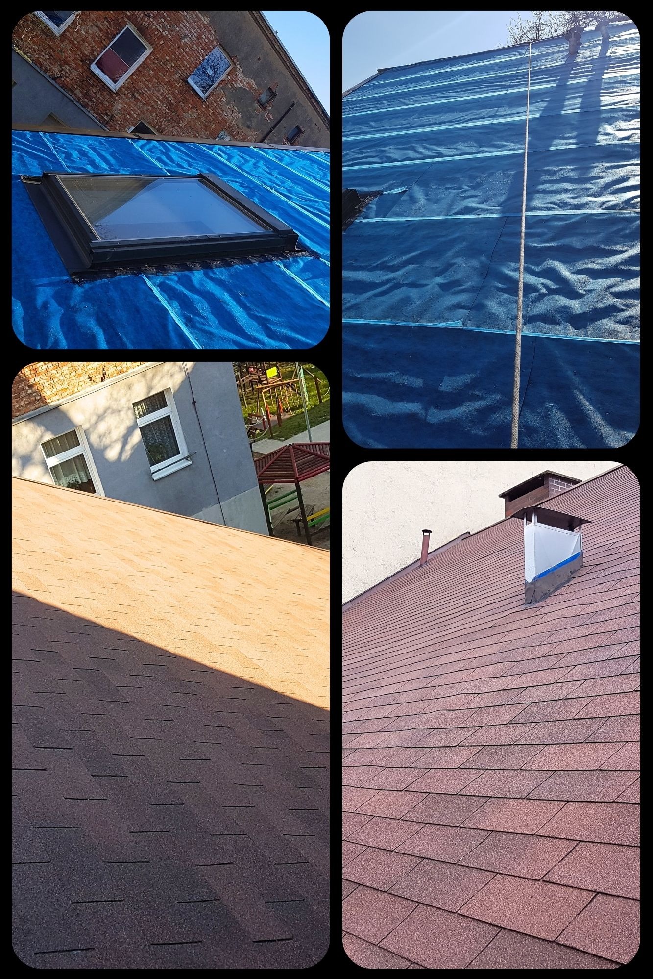 Wymiana starego, zniszczonego gontu bitumicznego na nowy wraz z montażem nowej membrany dachowej.