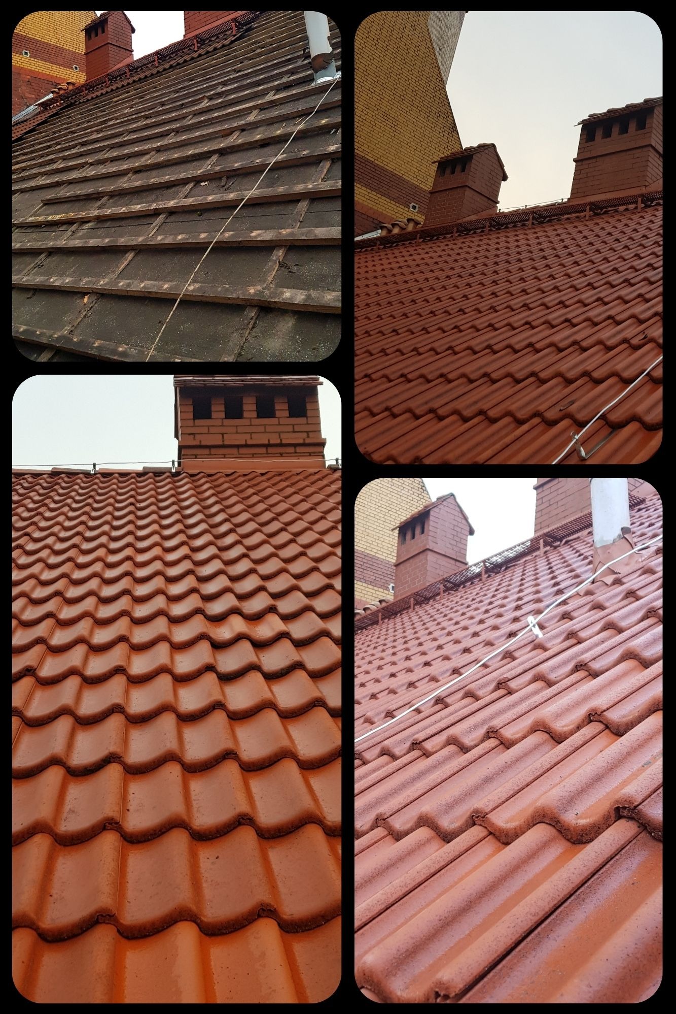 Mozaika zdjęć przedstawiająca etapy renowacji dachu: demontaż starej dachówki i łat, przygotowanie konstrukcji, montaż nowej dachówki w kolorze ceglastym, widoczne kominy.
