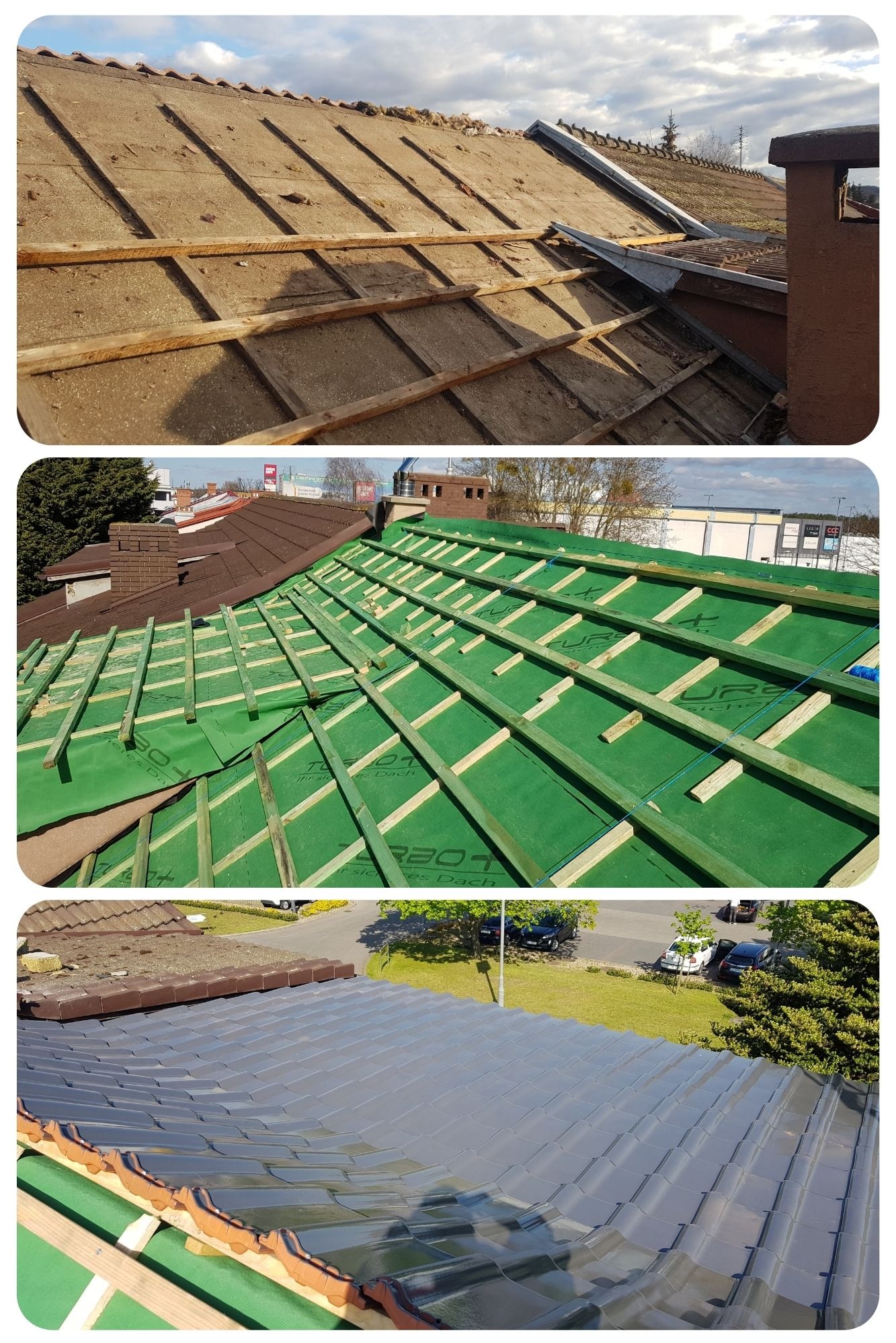 Fotografia przedstawia trzy etapy wymiany pokrycia dachowego: rozebrana konstrukcja z widocznym poszyciem, ułożona membrana dachowa z drewnianymi łatami oraz częściowo położona nowa dachówka...