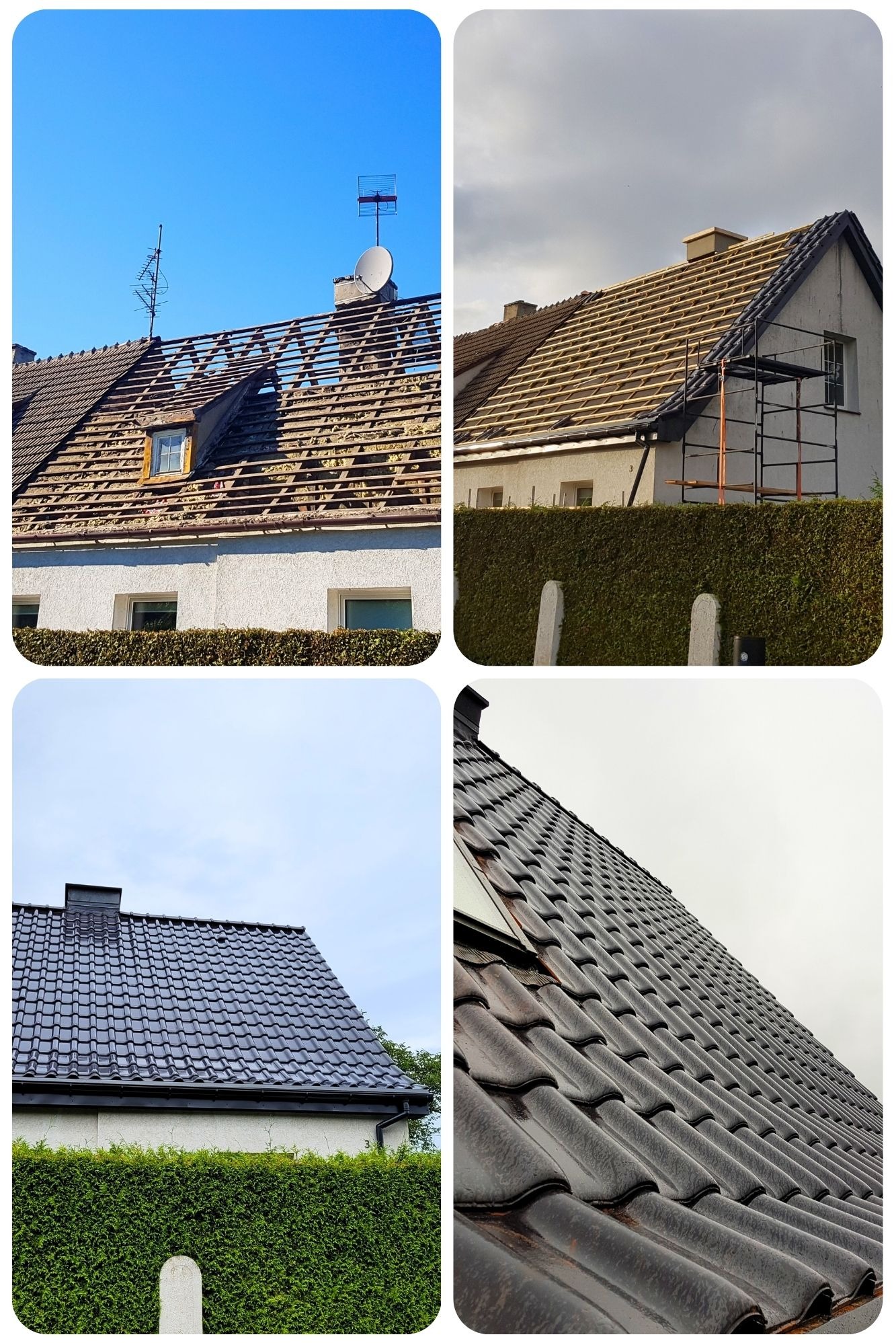 Cztery kadry przedstawiające etapy wymiany pokrycia dachowego: usunięta stara dachówka z widoczną konstrukcją, częściowo ułożona nowa dachówka, rusztowanie, oraz finalny efekt z nową, ciemną...